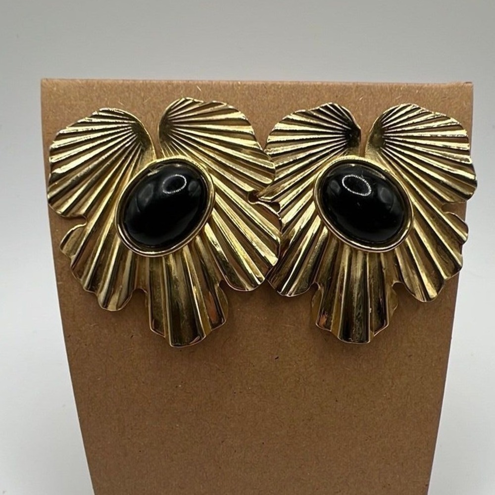Vintage Gold Tone Statement Earrings Black Glass Cabochon Leaf Fan Studs 1.5"
